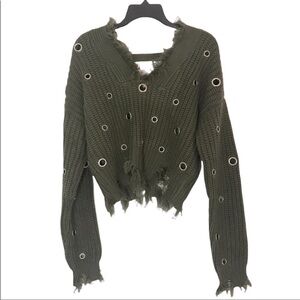 Rebelious Raw Edge Olive Love Sen Chunky Knit Cropped Grommet Holes Sweater M